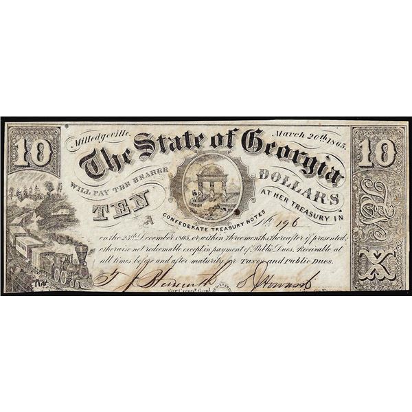 1865 $10 State of Georgia Milledgeville, GA Obsolete Note