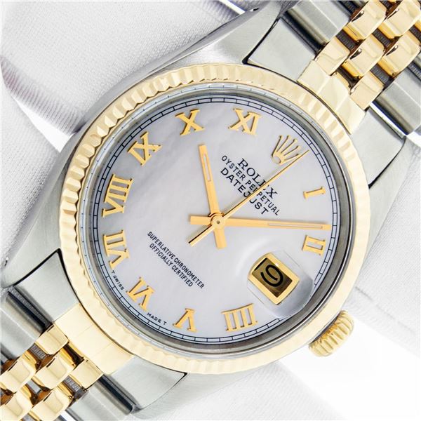 Rolex Men's Two Tone MOP Roman Datejust Oyster Perpetual Wristwatch With Rolex Box