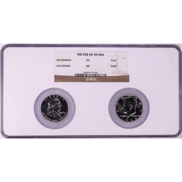 End of an Era Set 1963 & 1964 Proof Franklin and Kennedy Half Dollar Coins NGC PF69