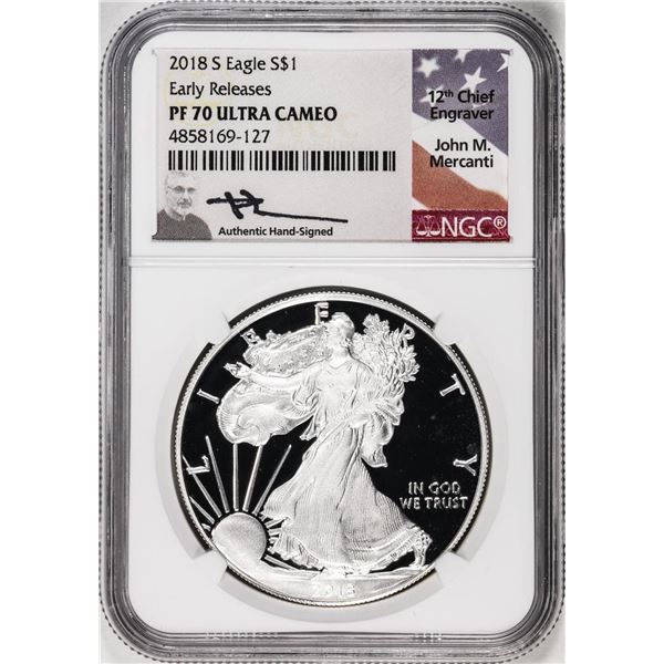 2018-S $1 Proof American Silver Eagle Coin NGC PF70 Ultra Cameo ER Mercanti Signature