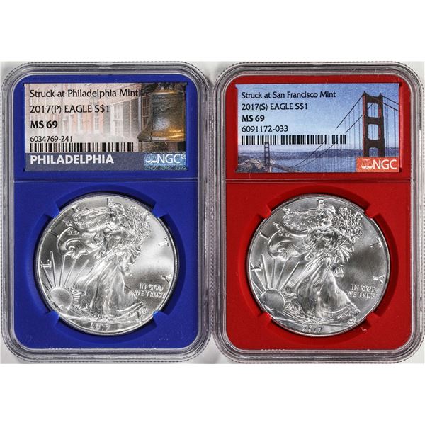 Lot of 2017(P) & 2017(S) $1 American Silver Eagle Coins NGC MS69
