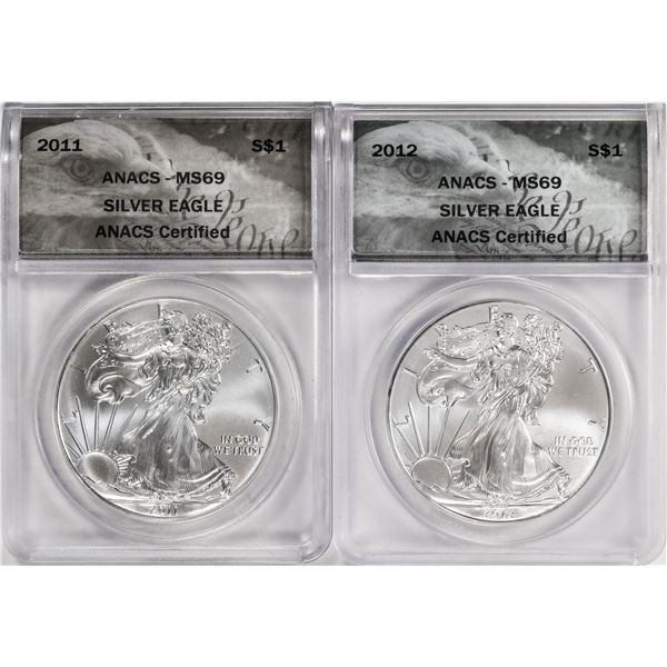Lot of 2011-2012 $1 American Silver Eagle Coins ANACS MS69