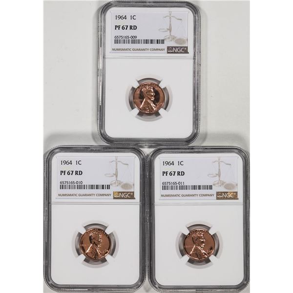 Lot of (3) 1964 Proof Lincoln Cent Coins NGC PF67RD