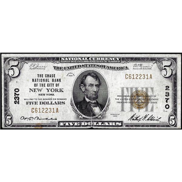 1929 $5 The Chase National Bank of New York, NY CH# 2370 National Currency Note