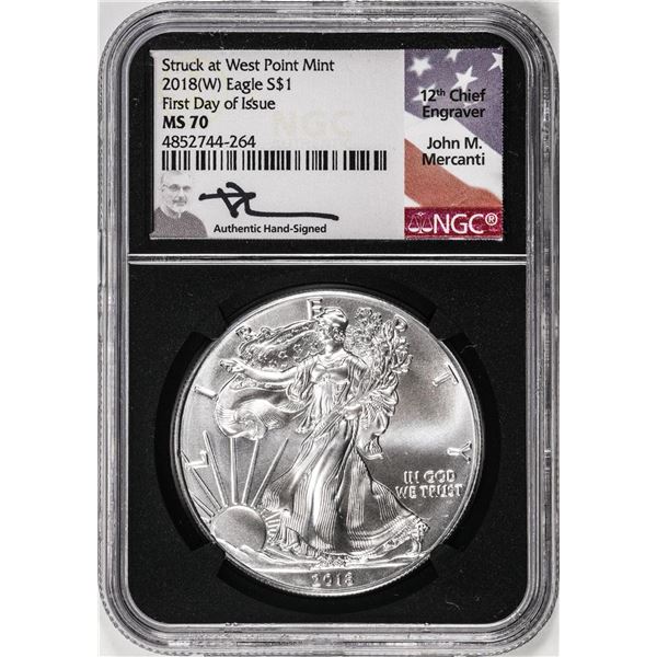 2018(W) $1 American Silver Eagle Coin NGC MS70 Mercanti Signature First Day of Issue