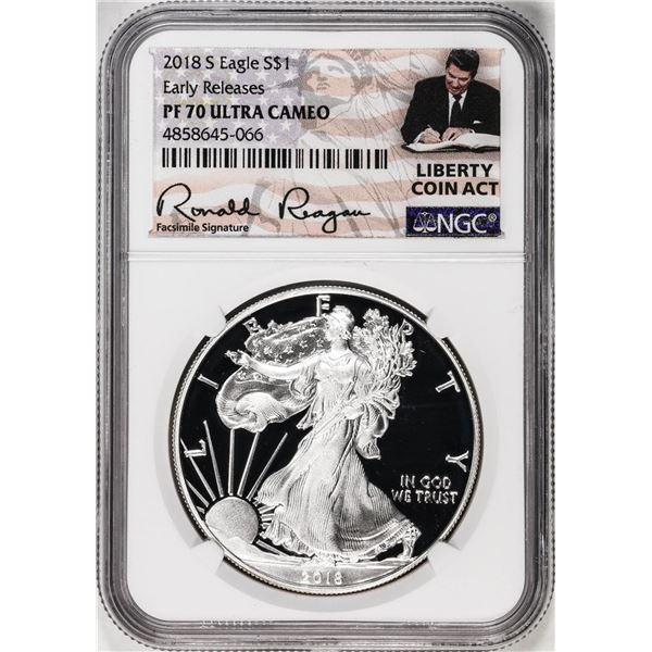 2018-S $1 Proof American Silver Eagle Coin NGC PF70 Ultra Cameo ER Reagan Signature
