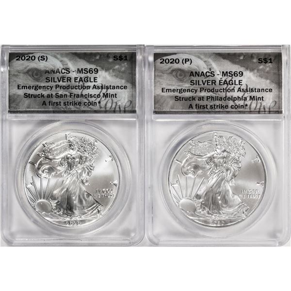 Lot of 2020-(S) & 2020-(P) $1 American Silver Eagle Coins ANACS MS69 First Strike
