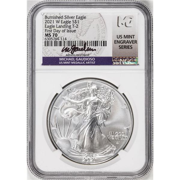 2021-W Type 2 $1 Burnished American Silver Eagle Coin NGC MS70 FDOI Gaudioso Signature