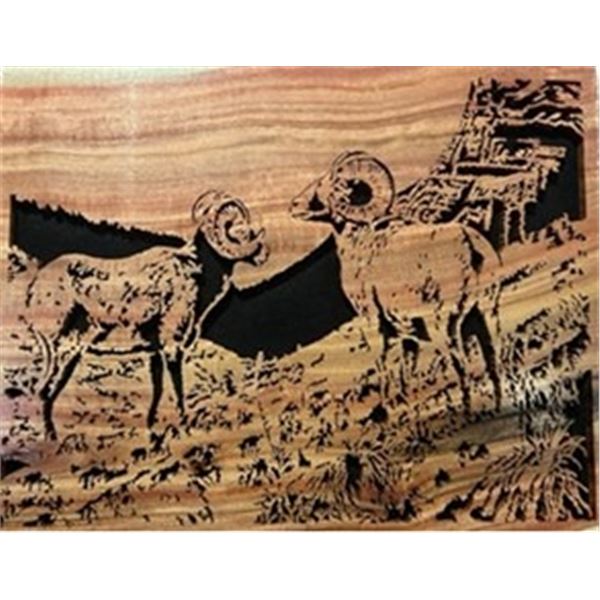 Custom Hand Cut Scroll Saw Piece Cut Into Carob Featuring Bighorn Sheep by Twisted Z Creations