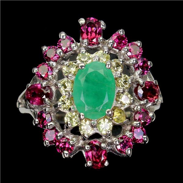 Natural Unheated Emerald Rhodolite Garnet Sapphire  Ring