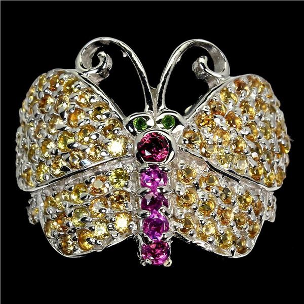 Natural Unheated Rhodolite &Sapphire Butterfly Ring
