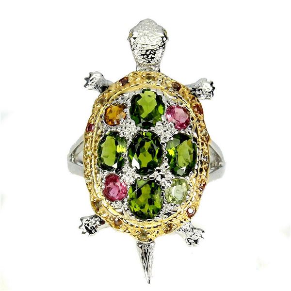 Natural Unheated Chrome Diopside &Sapphire Turtle Ring