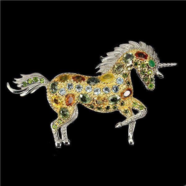 Natural  Sapphire Sky Blue Topaz Emerald Unicorn Brooch