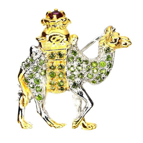 Natural Rhodolite Garnet Chrome Diopside Camel Brooch