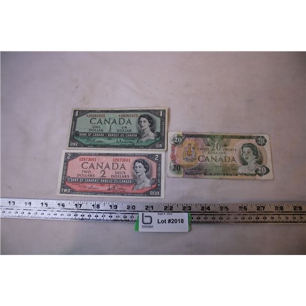 1954 1 and 2 Dollar Bills + 1979 20 Dollar Bill