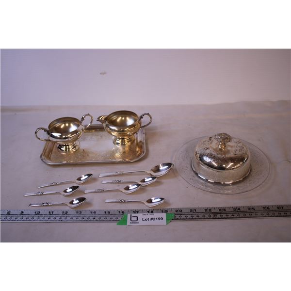 Silver Plated Tray w/ Cream and Sugar Bowls/ Teaspoons/ 1 Larger Spoon + Butter Dish w/ Silver Plate