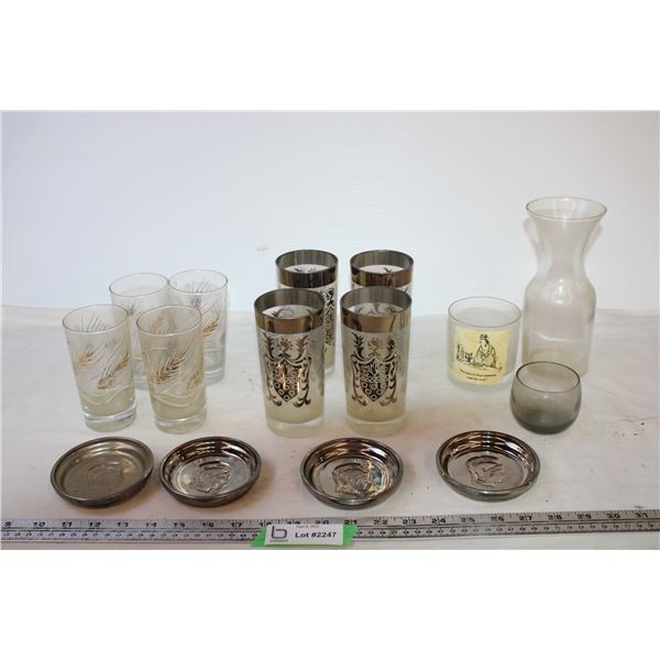 (4) Metal Coasters + Assorted Glassware