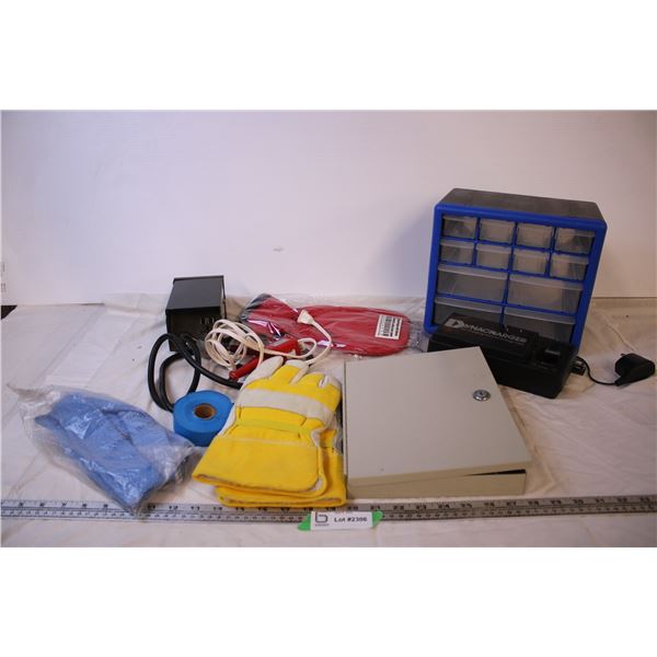 Assorted Items (Including Storage, Gloves, and Extension Cord)