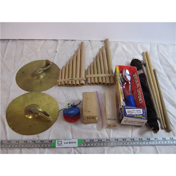 Music instruments - 2 pan flutes, drumsticks, cymbals(2), Wooden block/whistle, Castanets, Musical S