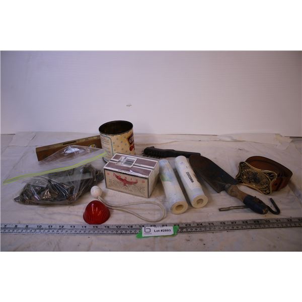 Box of Assorted Items (Including Wall Paper Trim, Matches, Thumb Tacks)