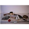 Image 1 : Box of Assorted Items (Including Wall Paper Trim, Matches, Thumb Tacks)