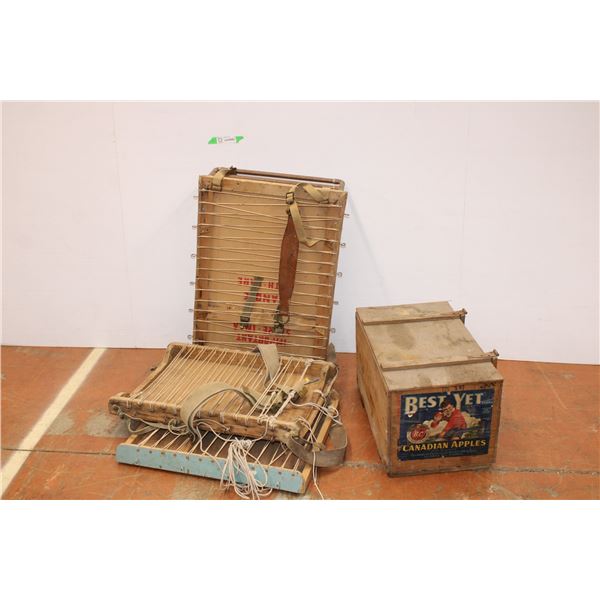 *Apple Crate w/ (5) hats, rope + (3) Camp Bag Frames