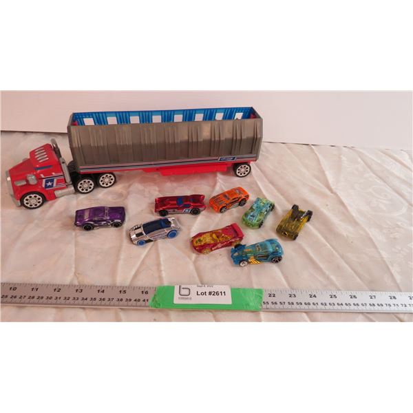 Hot wheels semi hauler with 8 cars