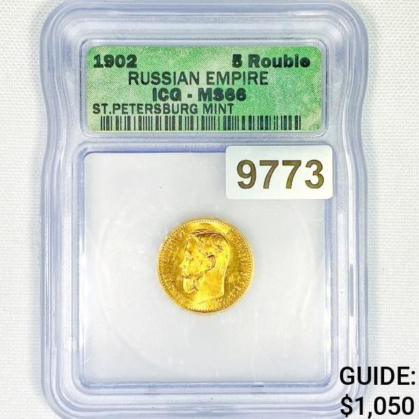 1902 Gold Russian 5 Rouble ICG-MS66