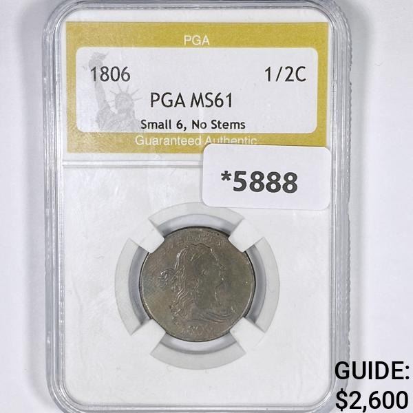 1806 Draped Bust Half Cent PGA-MS61 Sm 6, No Stem