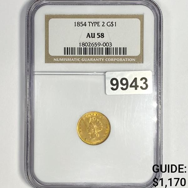 1854 Rare Gold Dollar NGC-AU58