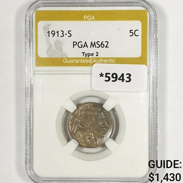 1913-S Buffalo Nickel PGA-MS62 Ty 2