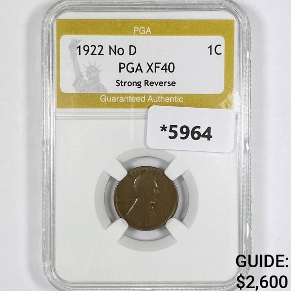 1922 No D Wheat Cent PGA-XF40 Strong Rev