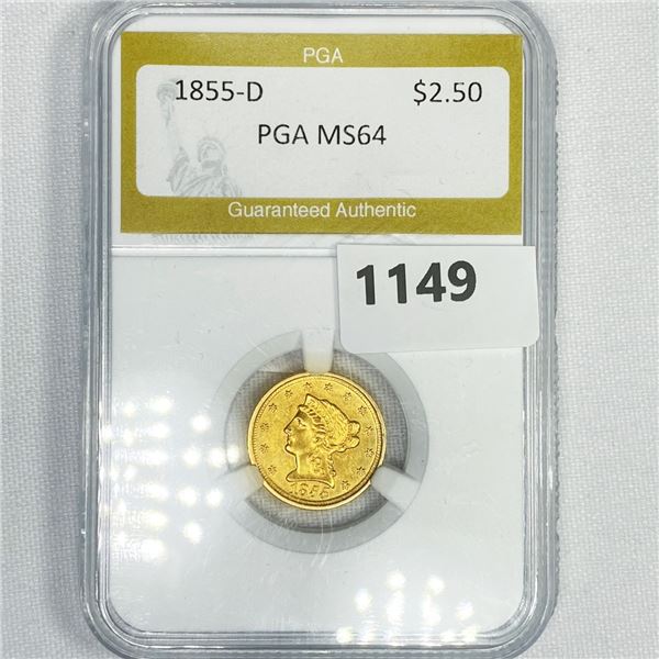 1855-D $2.50 Gold Quarter Eagle PGA - MS64