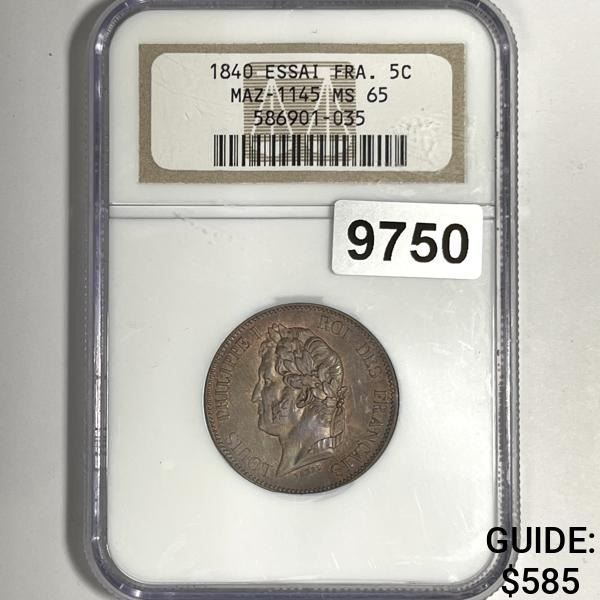 1840 Bronze Essai France 5C NGC-MS65