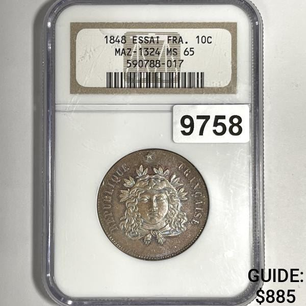 1848 Bronze Essai France 10C NGC-MS65