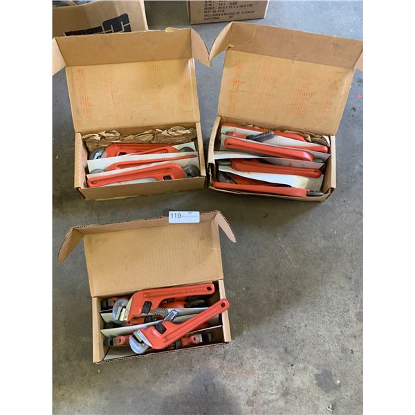 2 x Boxes of 14-Inch Pipe Wrenches and 1 x Box of 10-Inch Pipe Wrenches