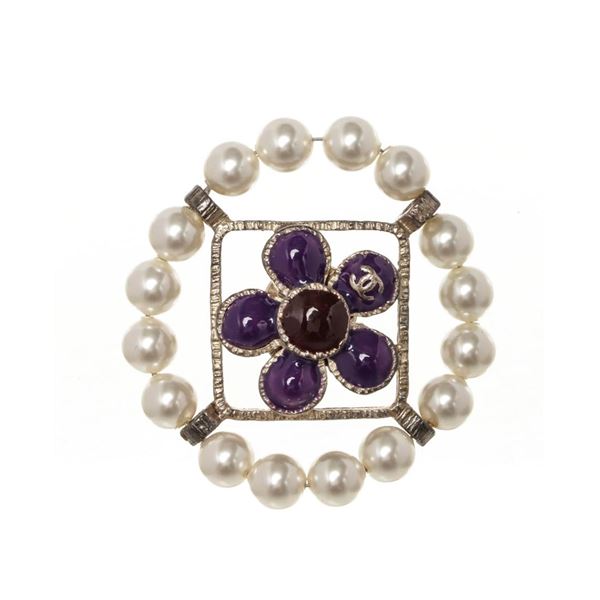 Chanel Silver Camelia Pearl Brooch