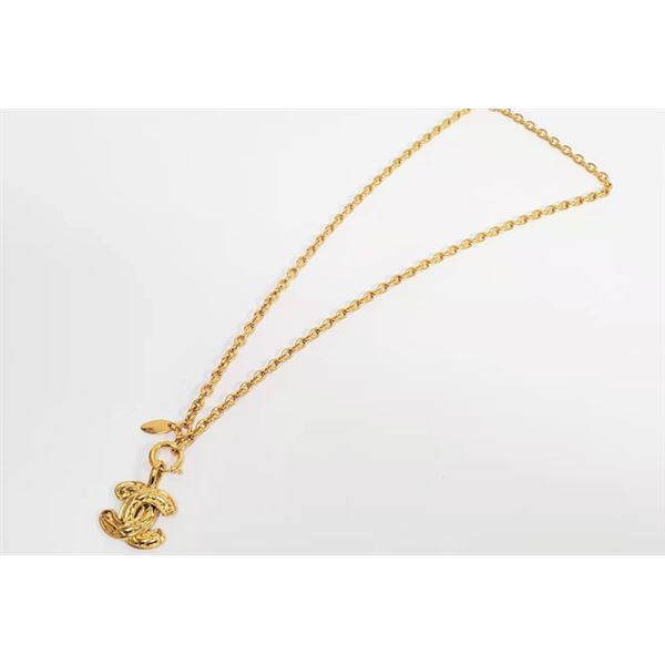 Chanel Gold-tone Metal CC Quilted Logo Pendant Necklace