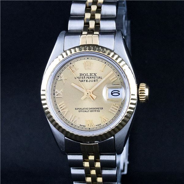 Rolex Ladies 2 Tone Factory Champagne Roman Fluted Datejust Wristwatch