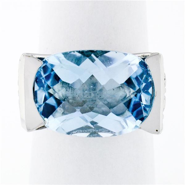 Estate 14k White Gold Oval Checkerboard Blue Topaz Ring