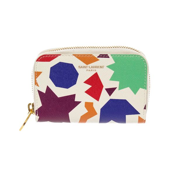 Saint Laurent White Multicolor Grained Leather Small-Shapes Print Compact Zippy