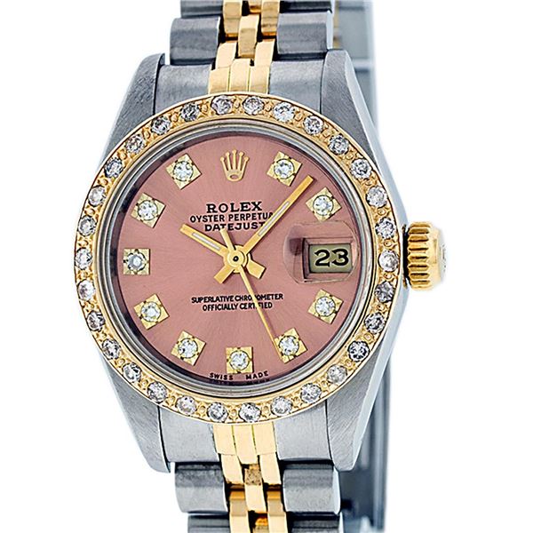 Rolex Ladies 2 Tone Salmon Diamond Datejust Wristwatch