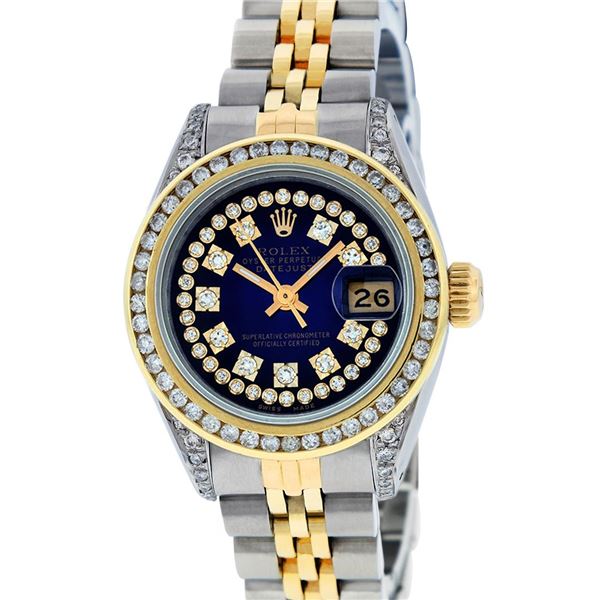 Rolex Ladies 2 Tone Blue Vignette String Diamond Channel Set Datejust Wristwatch