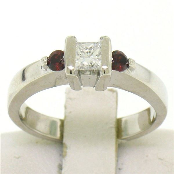 14k White Gold 0.41 ctw Princess Diamond and Garnet Engagement Ring