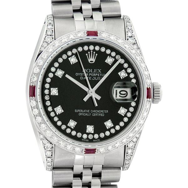 Rolex Mens SS Black String Diamond Lugs & Ruby Oyster Perpetaul Datejust 36MM