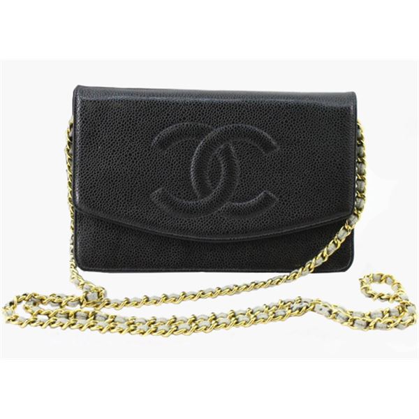 Chanel Black Caviar Leather Timeless CC Logo Wallet on Chain