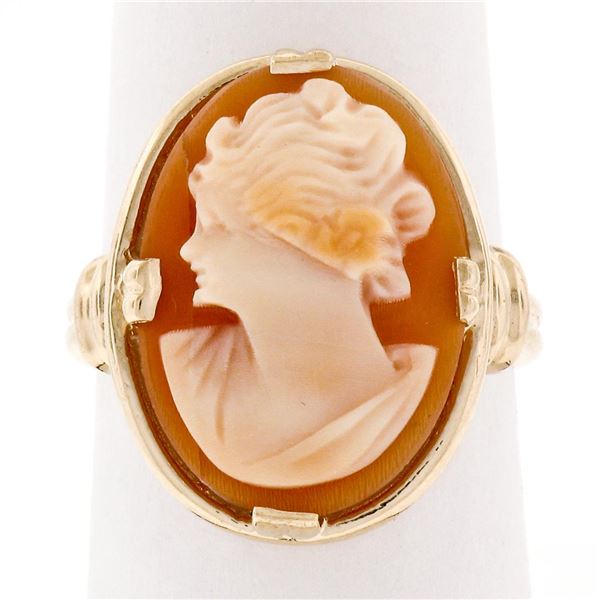 Vintage ESEMCO Grooved 14k Yellow Gold Frame Shank Large Carved Shell Cameo Ring