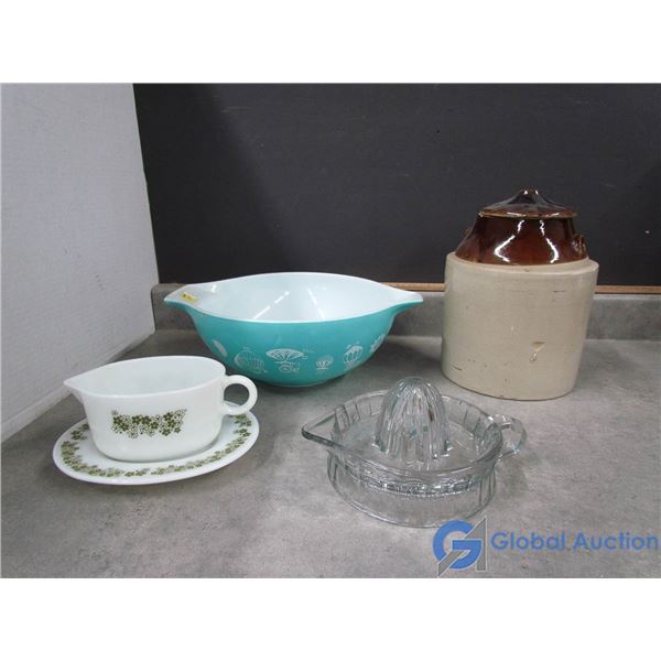 Pyrex Mixing Bowl and Gravy Boat With Assorted Vintage Kitchen Gadgets