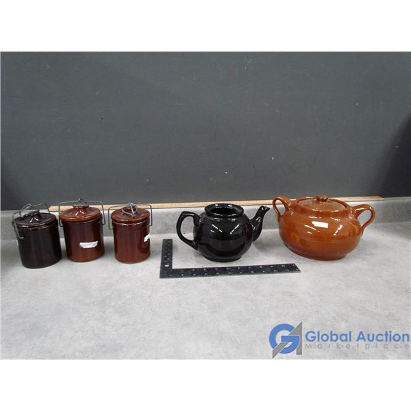 Stoneware Jars, Tea Pot and Bean Pot