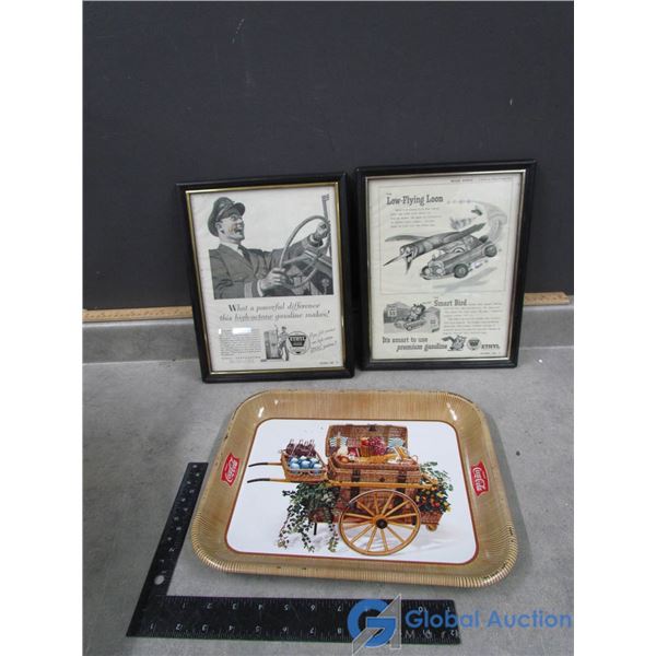 Vintage Framed Adverts and Coca-Cola Tray